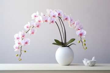 very beautiful pink orchid flowers in a vase on the table, white background