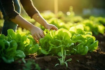 Backyard bounty Woman picks lettuce in the home family salad garden