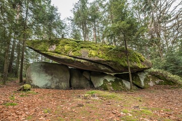 Space ship rock near Thurmansbang megalith granite rock formation in winter in bavarian forest,...