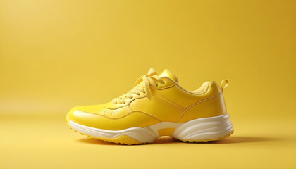 illustration of sport sneaker shoes banner for footwear commercials and retail offers on isolated yellow background with copy space created with generative ai  - obrazy, fototapety, plakaty