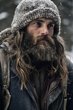 Handsome bearded man with long snowy beard and moustache on serious face in winter outdoor