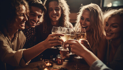 Smiling friends enjoy alcohol, young adults celebrate with cheerful drinks generated by AI