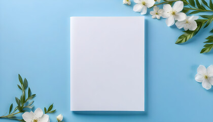 Empty White Paper Mockup on Serene Blue Background with Delicate Floral Accent created with generative ai