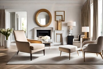 contemporary living room exuding timeless elegance. Picture a space flooded with natural light, featuring a plush armchair positioned against an empty white wall, a symbol of both simplicity and sophi
