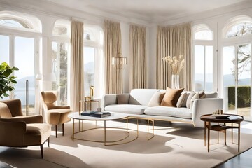 contemporary living room exuding timeless elegance. Picture a space flooded with natural light, featuring a plush armchair positioned against an empty white wall, a symbol of both simplicity and sophi