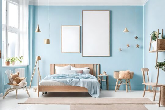 Kid room interior with bed, chair and blank poster frame mockup on light blue wall