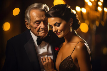 
Photograph of a young, beautiful Caucasian model woman in an elegant evening gown, with her elderly millionaire Caucasian lover, at a luxurious gala event, soft focus on their intimate conversation, 