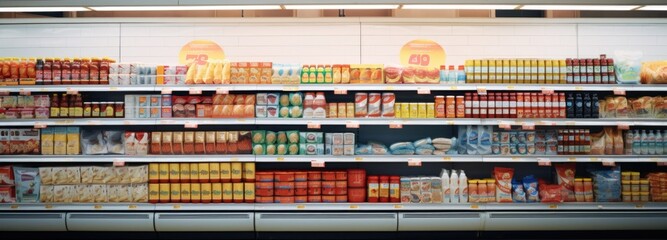 shelves with products in a grocery supermarket - obrazy, fototapety, plakaty