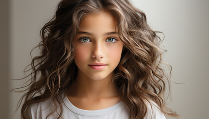 Fototapeta premium Cute Caucasian girl with long curly hair smiling at camera generated by AI