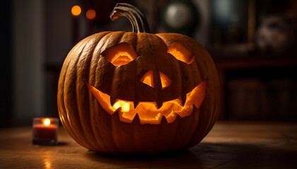 Spooky Halloween night, glowing pumpkin lantern, evil smiling ghost decoration generated by AI