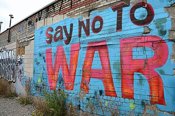 Peace Mural: Vibrant "Say No to War" Graffiti on a White Wall