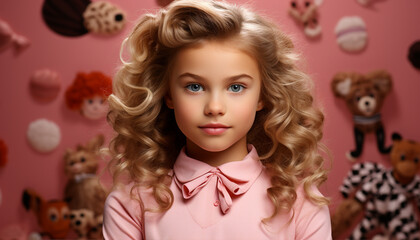 Fototapeta premium A cute blond girl smiling, looking at camera, celebrating with a gift generated by AI