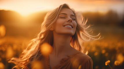 A beautiful woman in a sunlit field at sunset