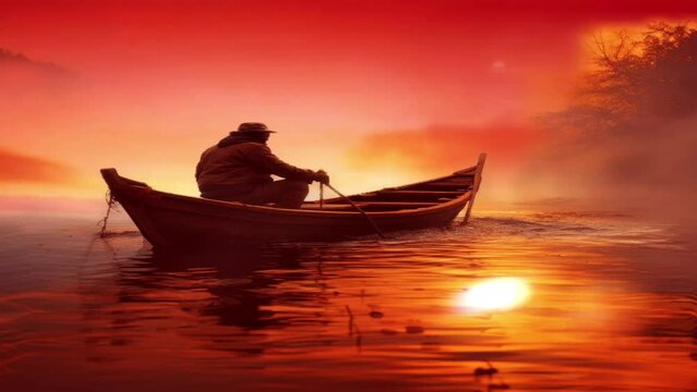 Fisherman riding a fishing boat and looking for fish in the river and sea with smog covering the area, dramatic effect concept, elements
and overlays. Generative Ai