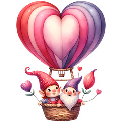 Valentines day card with cute gnome couple in love on hot air balloon