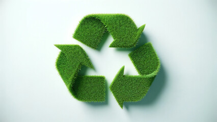 Green grass recycling symbol on a white background, eco-friendly recycle sign covered in lush grass, sustainability concept