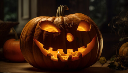 Fototapeta premium Smiling pumpkin lantern glows in the dark Halloween night celebration generated by AI
