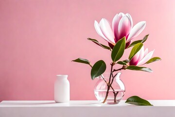 Beautiful pink magnolia flower in transparent glass vase standing on white table, sunlight on...