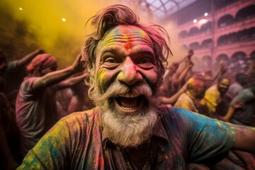 Happy smiling Indian retired man celebrating holi festival covered in colorful powder paints with crowd on background