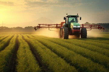 spraying fertilizer with a tractor on a field of green