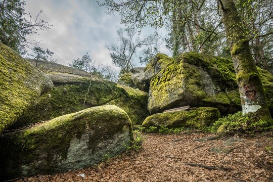 From outside of the Stone church in Thurmansbang - Old church built in a stone cave between erratic rocks and large stones in the Bavarian Forest, Germany