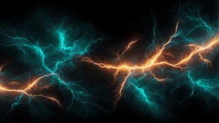Poster Im Rahmen Teal lightning sparks and ember particles on plain black background from Generative AI © SevenThreeSky