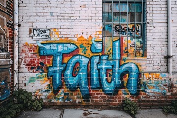the word faith painted ona white wall in bold and bright colors