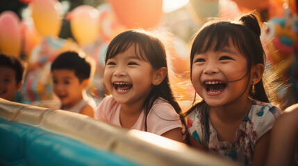 Joyful Asian Kids on Inflatable Bounce House - Happy Asian Boy and Girl Enjoying Playtime Fun.