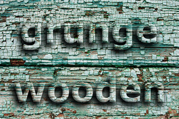 Old shabby wooden boards with cracked color paint and inscription Grunge Wooden