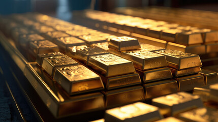 Showcasing an array of perfectly stacked gold bars