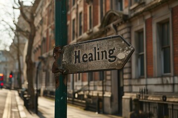 Tranquil Street Signpost with "Healing" Illuminated in Bold, Bright Letters
