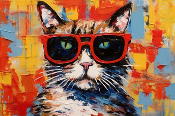 Art painting Acrylic color portrait of cat with sunglasses on colorful background
