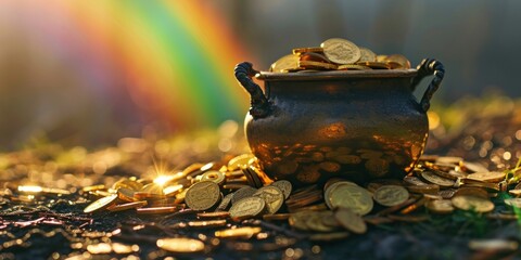 cast iron pot with gold coins at the end of the rainbow, st. patrick day, banner