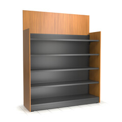 Empty wooden display case with shelves. 3d illustration isolated on white