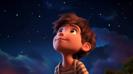 Obraz na płótnie Canvas Hand drawn cartoon illustration of a boy looking at the stars under the beautiful starry sky 