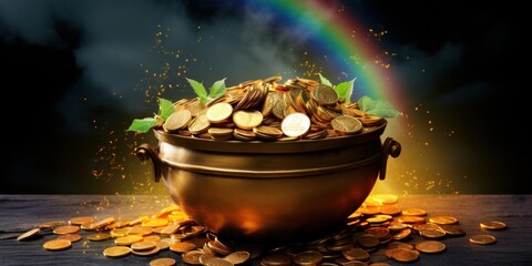 bowl with gold coins on a surface, against the background of the rainbow, st. patrick day, banner,...