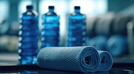 Close-up of folded plastic bottles and sports towels in the gym