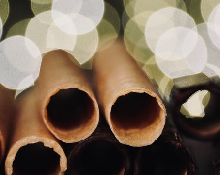 Neulas homemade on a plate typical thin biscuit rolls eaten at Christmas in Catalonia, Spain.

