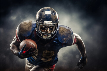 Epic portrait of American football player running. Generative AI