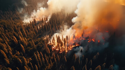 Fototapeta na wymiar A forest consumed by wildfire, capturing the tumultuous scene with burning trees and billowing smoke