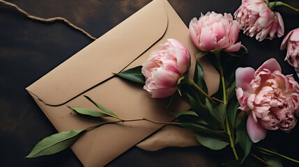 Three fade pink peonies lay in open brown kraft envelope containing. Symbol of unhappy love in the form of a broken heart. Failed marriage proposal. Generative Ai