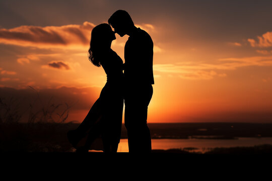 Romantic couple silhouette at sunset. Generative AI