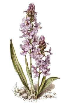Vintage style watercolor painting of a spike of Orchis purpurea. Generative AI. transparent background