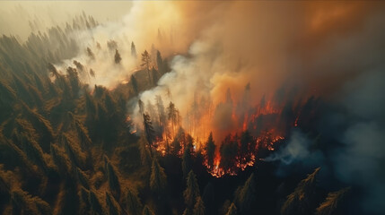 A forest consumed by wildfire, capturing the tumultuous scene with burning trees and billowing smoke