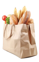 Paper bag with vegetables and bottle of juice on transparent background