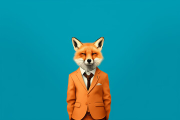 a fox in an orange business suit, portrait of a fox in a business business suit, cunning fox businessman, manager fox, generative ai