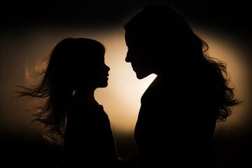 Silhouette of mother and daughter portrait at sunset. Generative AI