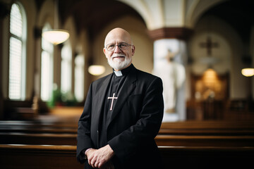 Portrait of mature catholic priest in church. Generative AI - obrazy, fototapety, plakaty