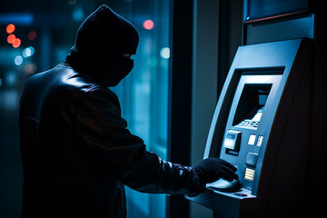 Thief in mask stealing money from ATM at night. Generative AI - obrazy, fototapety, plakaty