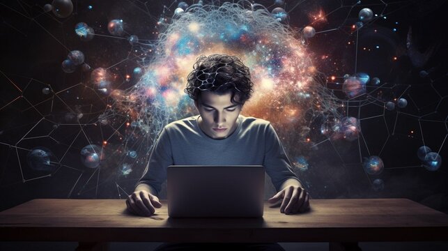 Handsome young man working on computer in office with network hologram. Neural network. Artificial intelligence. Generative AI